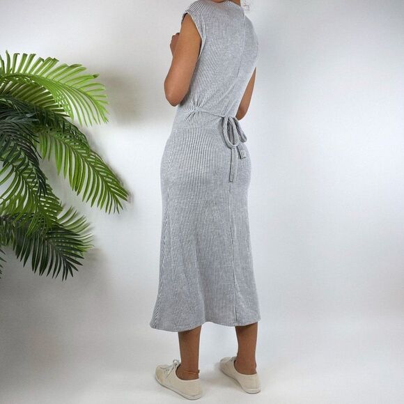 Vintage Gray Casual Coastal Chic Striped Short Sleeve Button Up Midi Dress / S - Picture 2 of 4